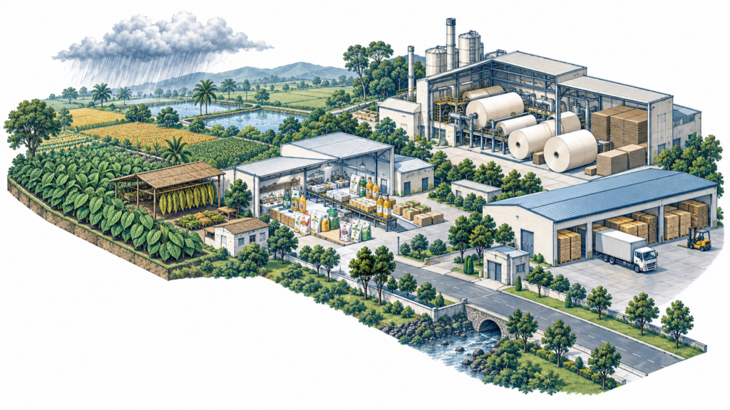 AI-generated editorial illustration of ITC’s agriculture, tobacco, packaged goods, paper and logistics businesses; not actual company facilities.