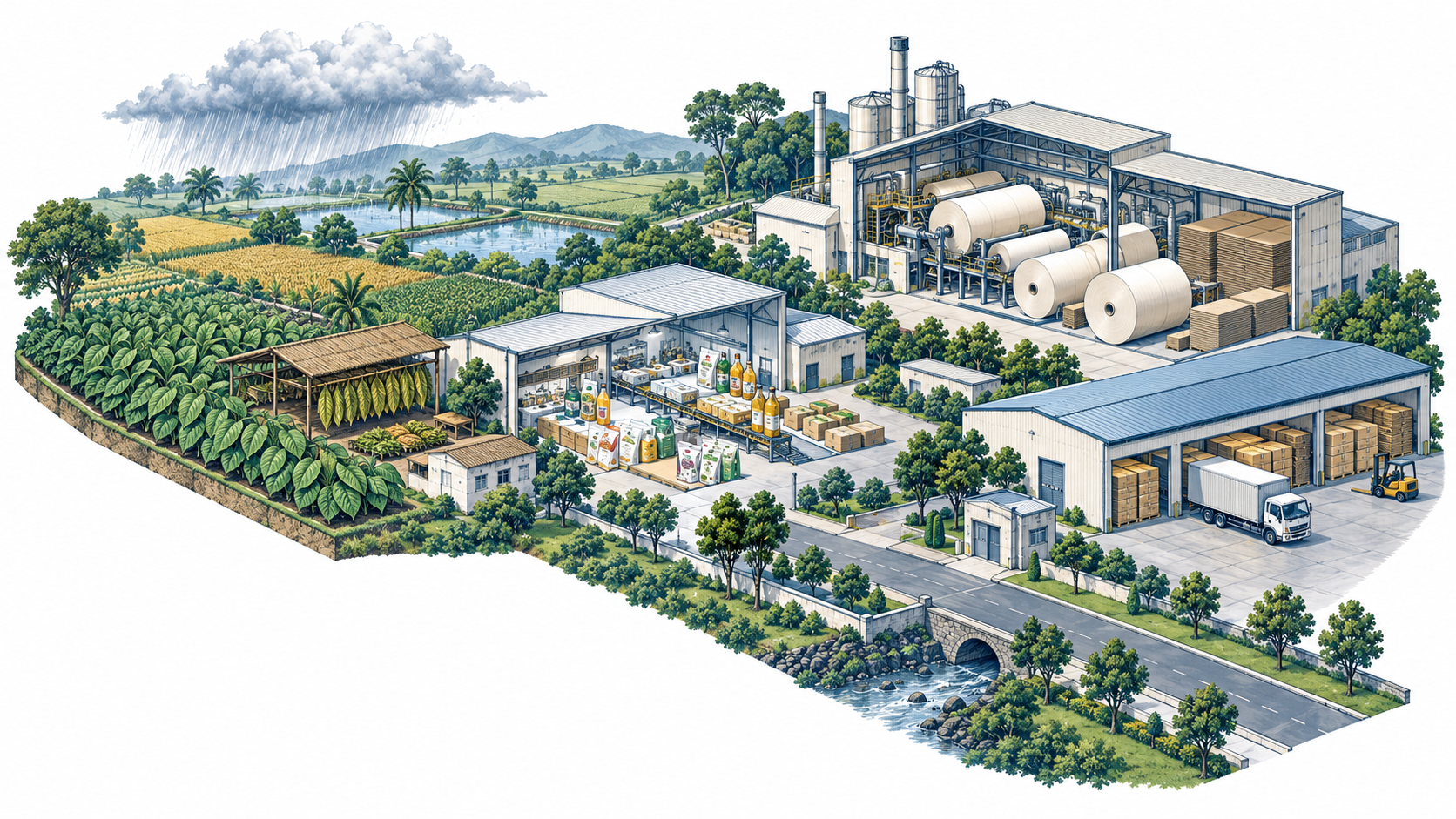 Editorial illustration of agriculture, tobacco leaves, packaged goods, paperboard and logistics; not an actual ITC facility.